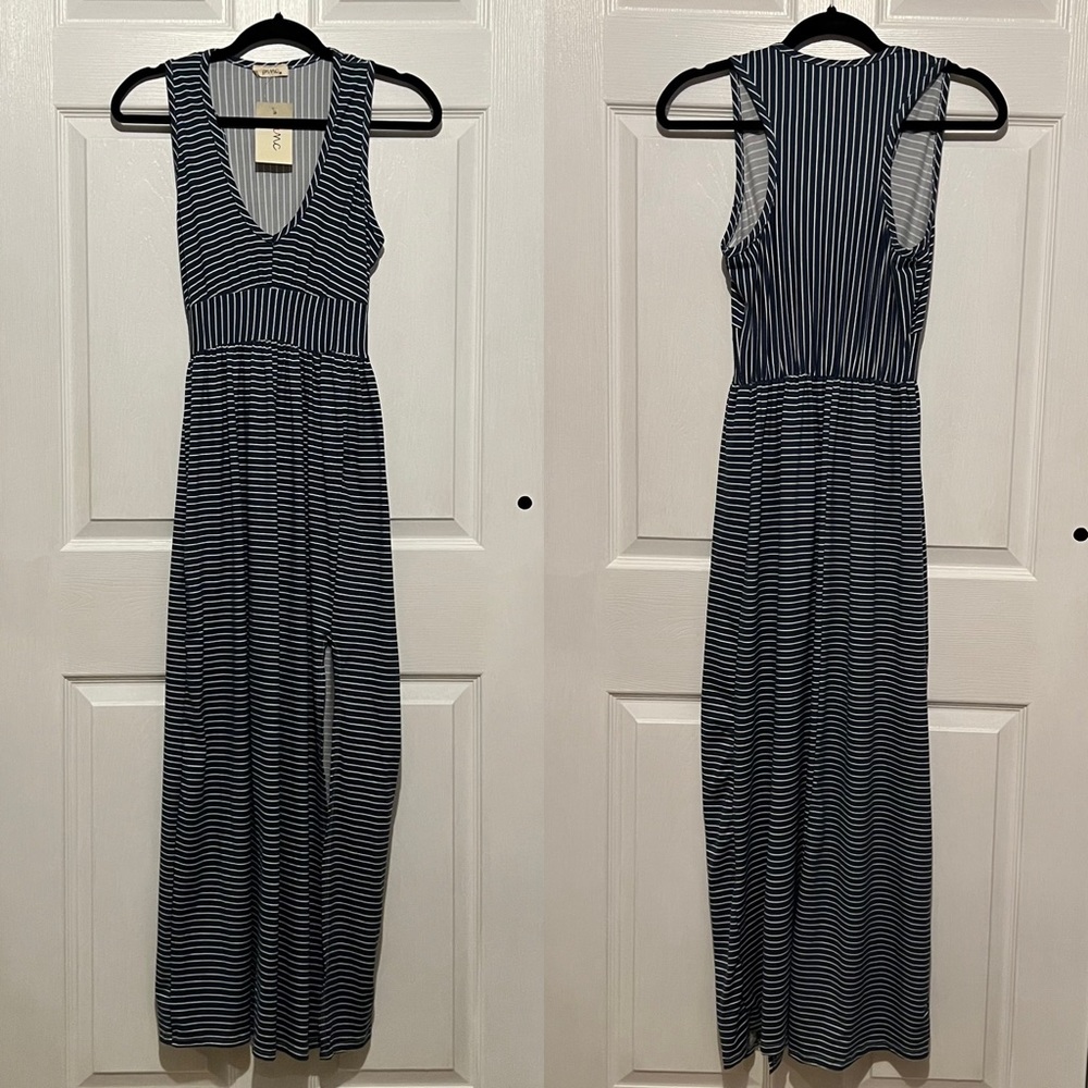Sleeveless Navy and White Striped Maxi Dress